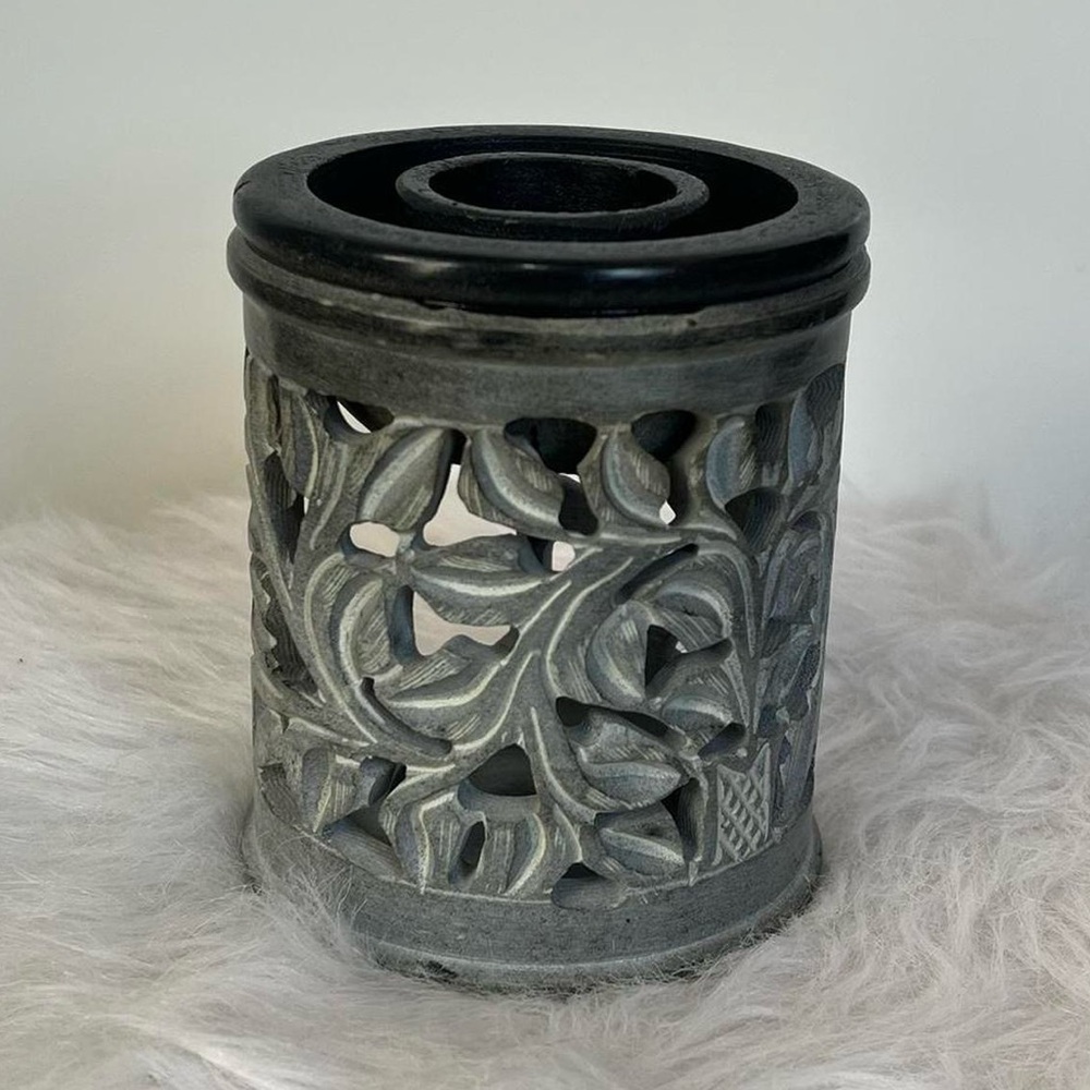 Grey Stone Tea Light Candle Holder Essential Oil Burner Leaves Home Decor